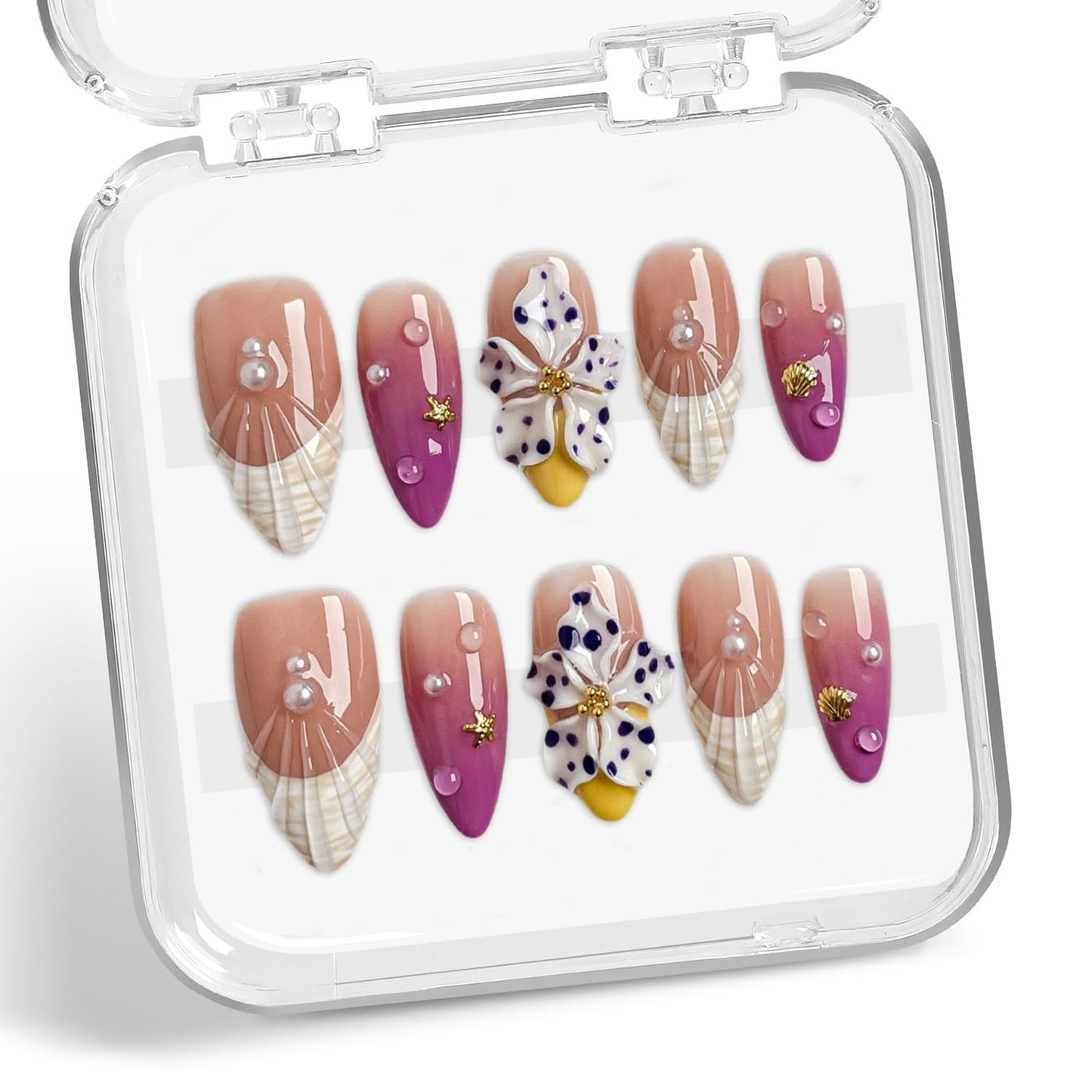 Handmade Press on Nails Purple Gradient Fake Nails French Tip Multi-Layer Gel Acrylic Nail with 3D White Flower & Pearl Designs Full Cover Medium Almond Stick on Nails for Women Nail Art（Size M)