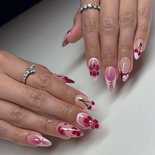 Medium Almond Press on Nails Red cherry French False Nails with 3D Designs Coffin Nails Full Cover Artificial Stick on Nails Reusable Acrylic Nails Glue on Nails for Women Manicure Kit 24PCS