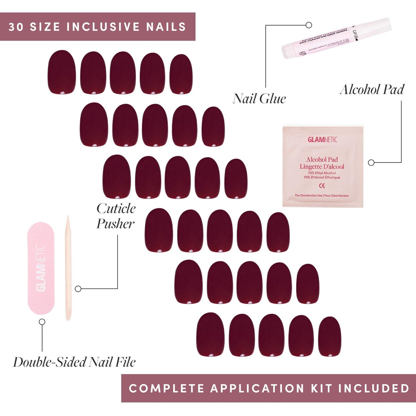 Glamnetic Press-On Nails Bundle - Fall Mauve, Berry Maroon & Cherry Glaze | Opaque Muted Blush Mauve Oval False Nails | Opaque Dark Red Maroon Short Round False Nails | Round Bright Cherry