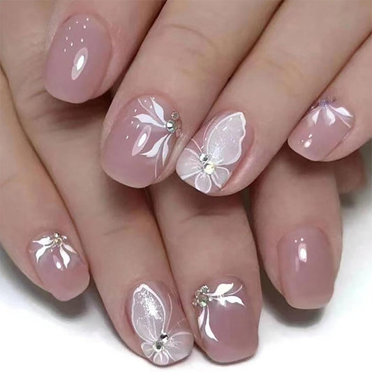 24Pcs Short Press on Nails RTKHFZE Pink Fake Nails with White Butterfly and Rhinestones Designs Press Ons False Nails Square Full Cover Acrylic Nails Stick on Nail for Women and Girls