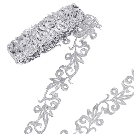NBEADS About 4.37 Yards(4m) Silver Embroidery Polyester Ribbons, 1.38" Wide Metallic Lace Trim Iron on Metallic Flower Lace for Sewing Costumes Gowns Home Decor Garment Accessories, Thick:1.5mm
