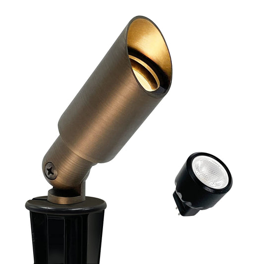 GKOLED Mini Size Brass Landscape Spotlight, Low Voltage 12V AC/DC Outdoor Directional Up Light, 180 LM, 3W MR8 LED Bulb ABS Ground Stake, 2700K Warm White, Garden Patio Trees Spot Uplight