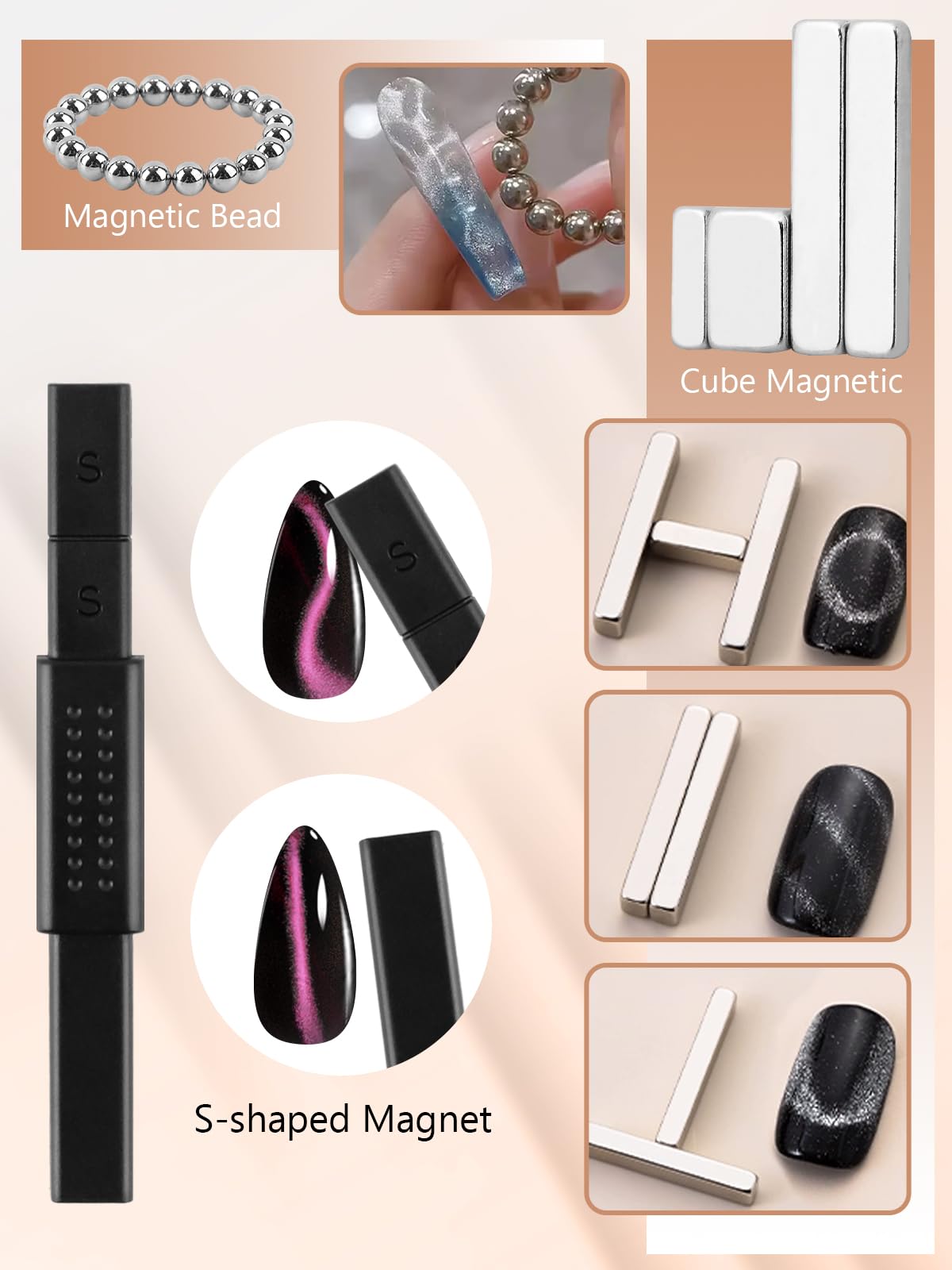 TOROKOM Cat Eye Magnet for Nails, 3 in 1 Heart Nail Magnet for Cat Eye Gel Nail Polish, Multi-Functional Nail Magnet Wand Flower Magnet Stick Magnetic Beads for Cat Eye Gel Nail Polish