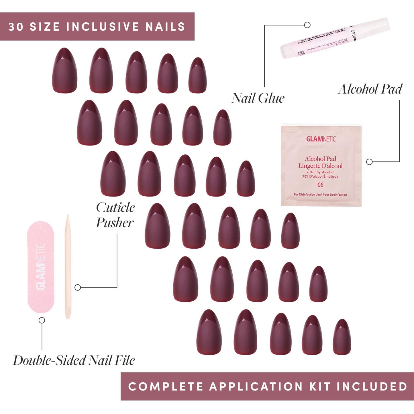 Glamnetic Press-On Nails Bundle - Merlot, Hailey & Cosmic | Matte Short Almond Dark Red Nails with Glossy French Tips | Glazed Almond False Nails | Sparkly Black Squoval Fake Nails