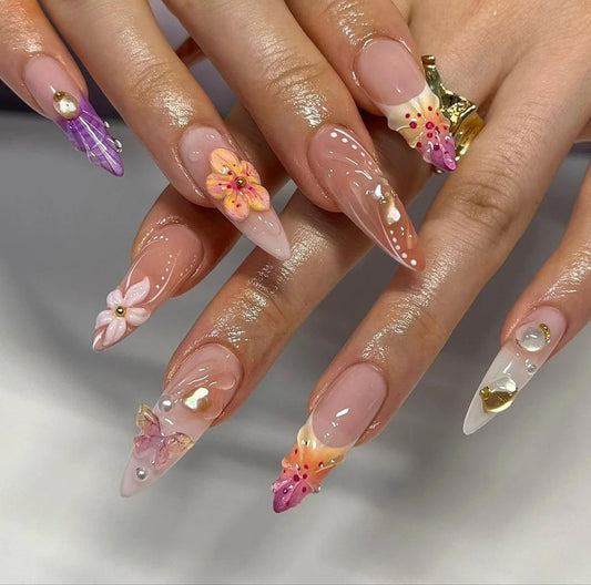 MAGLFELL Handmade Acrylic Press On Nails, 3D French Long Almond False Nails for Women, Reusable ABS Material Fake Nails, 10 Pcs Almond Stick On Nails, DIY Fingernails Art At Home (Size M)