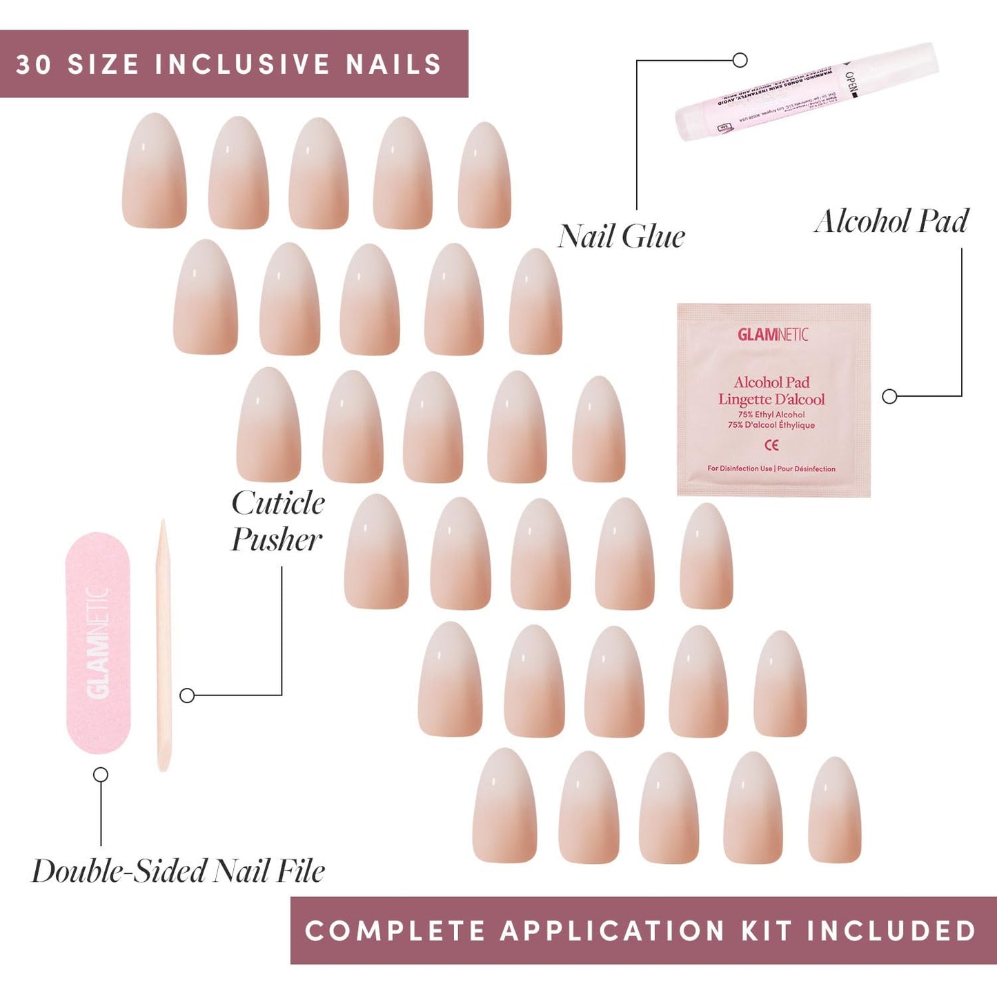 Glamnetic Press-On Nails Bundle - Azure Blue, Hailey & Fairy Dust | Bright Blue Round Fake Nails | Glazed Almond False Nails | Short Oval Beige-Pink Nails with a Metallic Finish