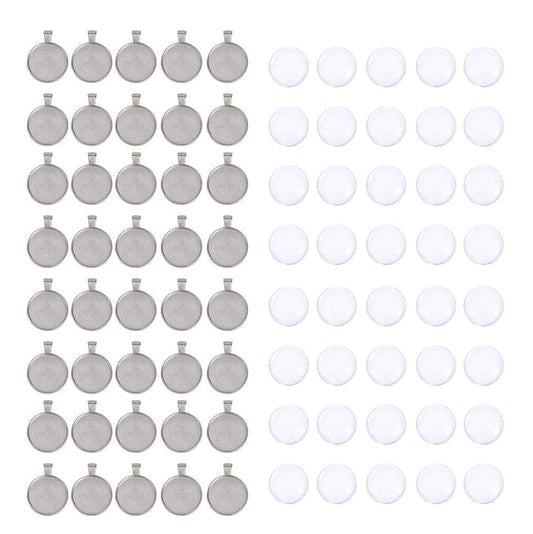 OBSEDE 80 Pcs 25 mm Stainless Steel Round Blank Bezel Set, Including 40 Pendant Trays 40 Glass Cabochon Trays Pendant Blanks for Jewelry Making DIY Findings