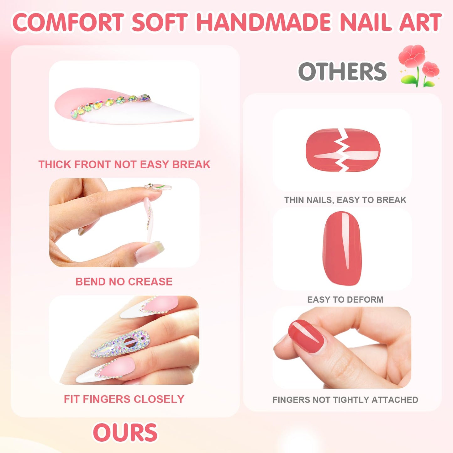 Yabonica Press On Nails French Tip,10 Pcs Handmade UV Gel Acrylic Nails Press Ons Square,Luxury Glue On Fake Nails with Rhinestone&Glitter Salon Design,Nature Stick On Fake Nails for Women Gift(012M)