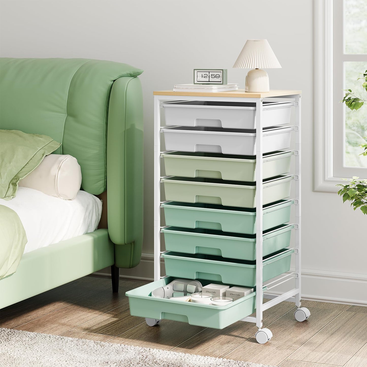 Storage Cart with 8 Drawers, Utility Cart with White Drawers and Wooden Tabletop, Craft Cart, Teacher Organization for Classroom, Storage Furniture, Office Organization, Green