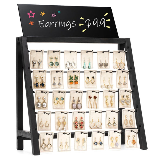Poyilooo Jewelry Display for Vendors, 30 Hooks Wood Earring Bracelet Display for Vendors Selling with Adversitsing Board, Large Capacity Jewelry Display Holder Stands Rack for Earring Cards Keychain