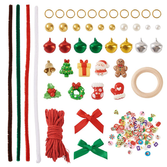 Magibeads Christmas Wreath Making Kits 80Pcs Pipe Cleaners 6Pcs Wood Linking Rings Aluminum Bell Charms Cute Plastic Beads Resin Cabochons for Christmas Decorations Holiday Party Supplies Adults