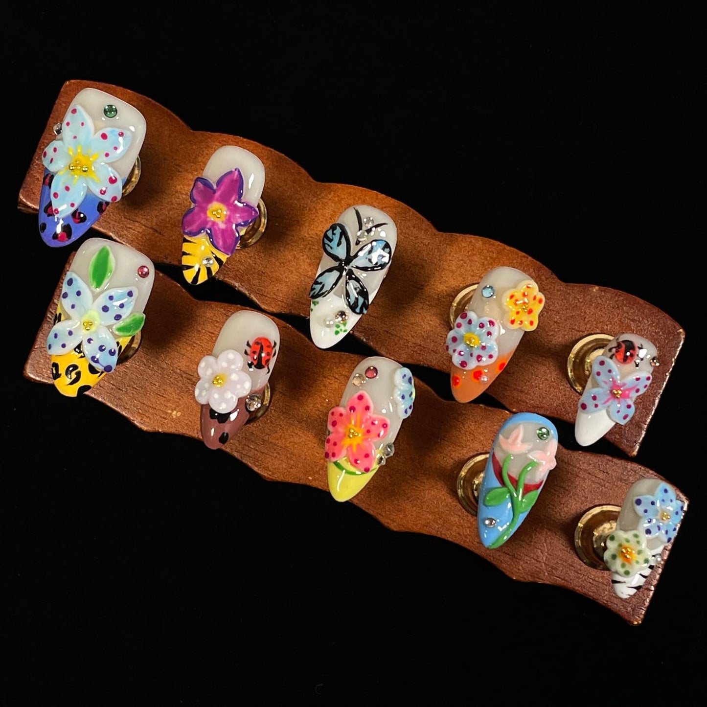 Handmade Press On Nails 3D Floral & Butterfly with Red Ladybug Fake Nails Medium Almond Acrylic Nail Tips Luxury Enchanted Garden Stick on False Nails Dreamy Nails (Garden, L)