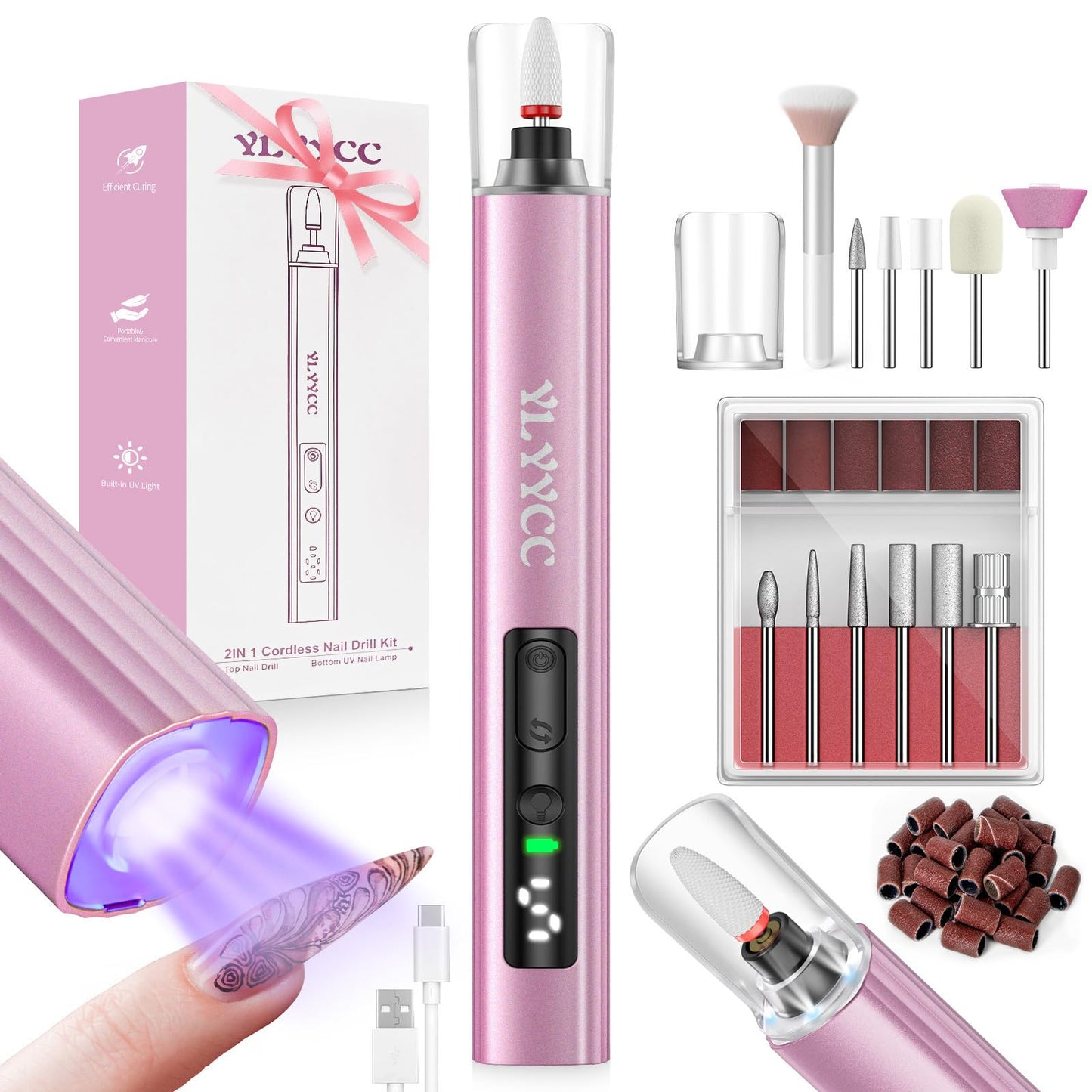 YLYYCC Cordless Nail Drill Electric File with UV Nail Lamp: Professional for Acrylic Gel Dip Powder Nails Portable Nail Drill Machine Kit for Manicure Pedicure Nail Set Rechargeable Lightweight