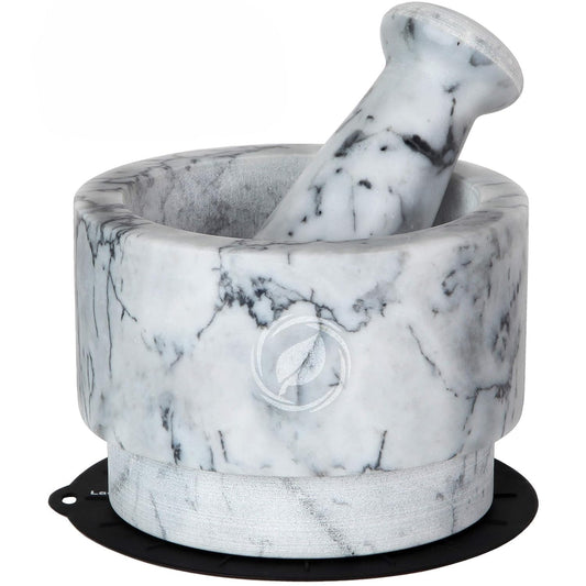 Laevo White Marble Mortar and Pestle Set - Heavy Duty Stone Spice Grinder - 2.1 Cup Capacity, 5.5-Inch Reversible Mortar and Pestle Set for Guacamole, Pesto, Spices - Large