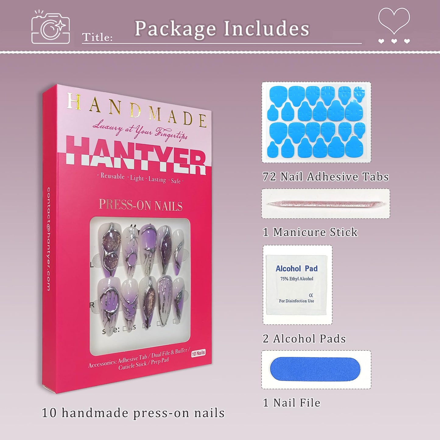 Hantyer Lavender Ombre Metallic Hand-Painted Cat Eye Press on Nails, Long Stiletto Glossy Iced Edgy Fake Nails, Reusable Sweet & Cool False Nails for Women Y2K Party Special Occasion Full Set (Size M)