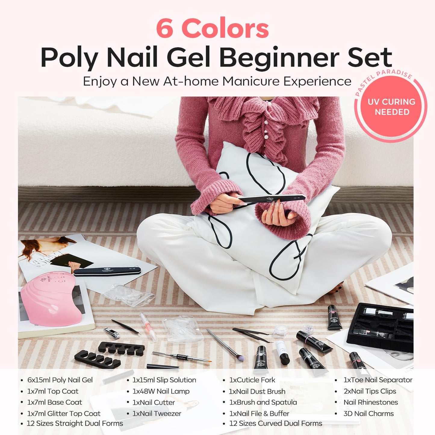 Modelones Poly Nail Gel Kit, 6 Colors Poly Extension Gel Clear Pink White with 48W U V/LED Lamp 3D Nail Charms Builder Slip Solution Complete Toe Manicure Supplies Tools for Starter