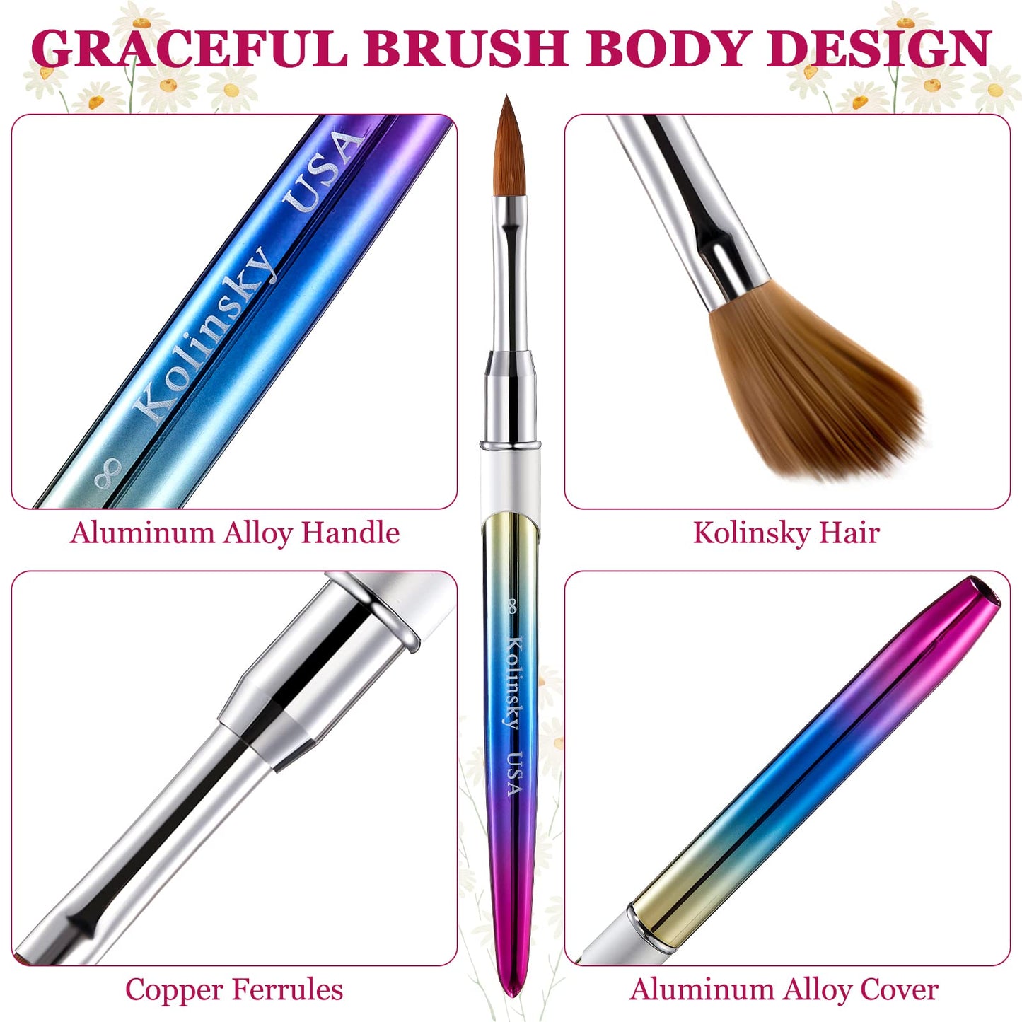 4 Pieces Kolinsky Acrylic Nail Brush Kolinsky Hair Bristles Round Shaped Handle Acrylic Brush Nail Brushes for Acrylic Application Nail Art Brush Nail Manicure Tool Size 6, 8, 10, 12