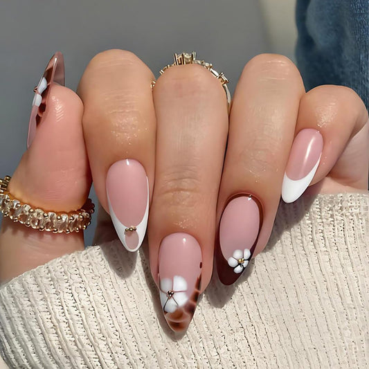 Medium Almond Press on Nails With Designs French Tip Flower Fake Nails Press ons Acrylic Nails False Glossy Christmas Artificial Full Cover Stick on Nails for Women Girls 24 Pcs
