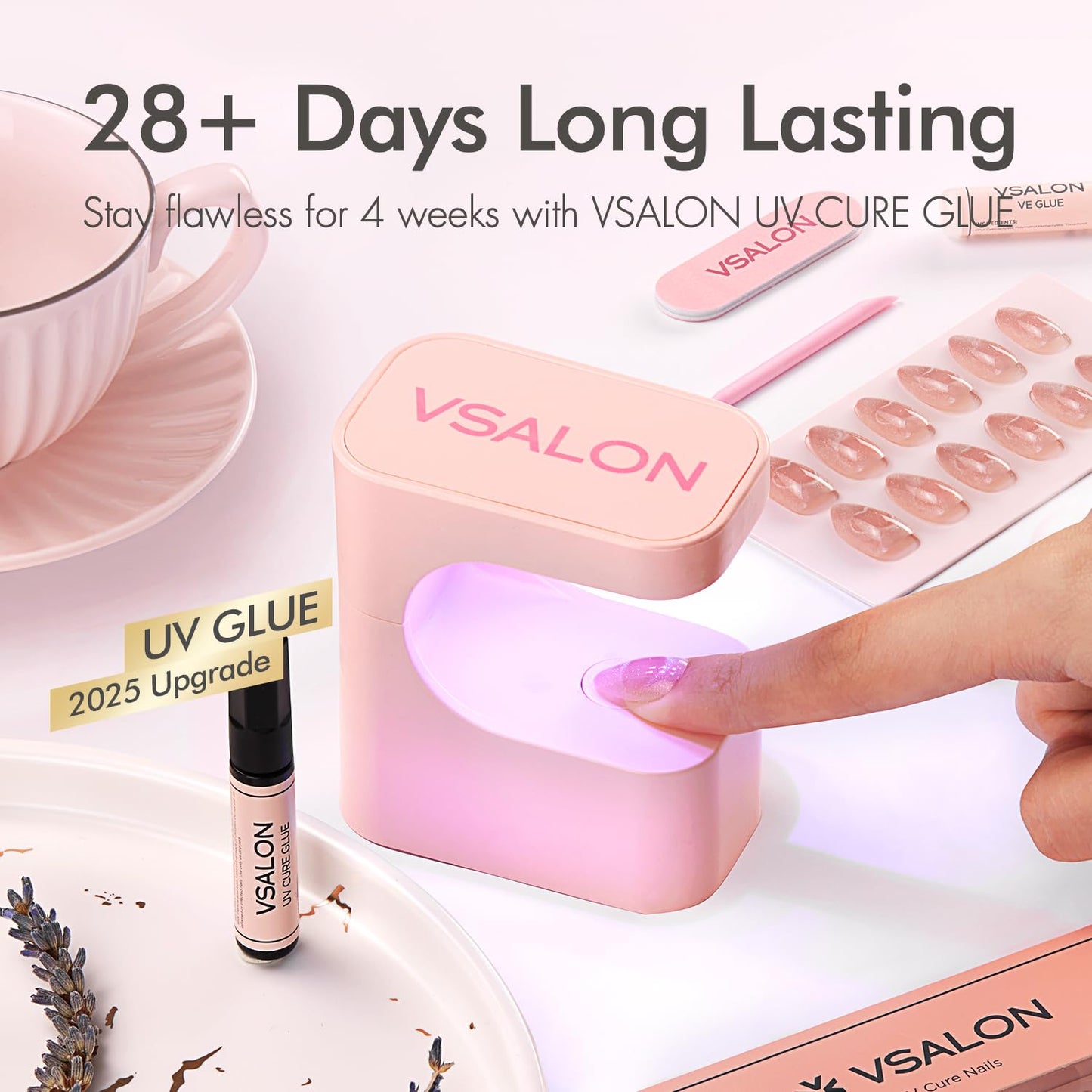 VSALON Press On Nails Short Almond, Nude Pink Pearl Chrome Shimmer Fake Nails With UV Glue, Reusable Stick On Nails Acrylic Neutral Glazed Donut Spring Glue On Nails in 16 Sizes - 32 Nails Kit