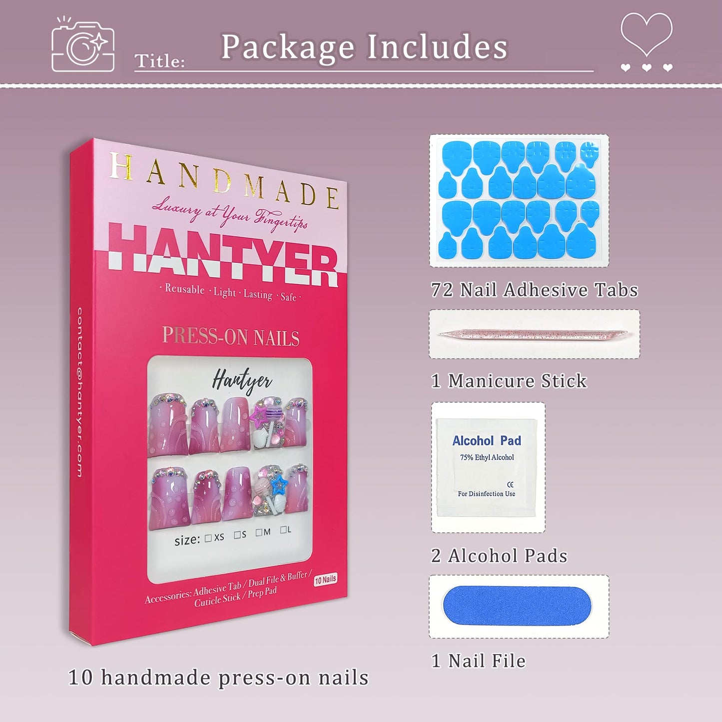 Hantyer 10pcs Short Duck Nails, Pink Ombre Press on Nails with 3D Ripple, Lollipop & Star Charms, Glossy Cute Fake Nails, Reusable Sweet False Nails for Women Birthday Party Carnival Full Set (Size M)