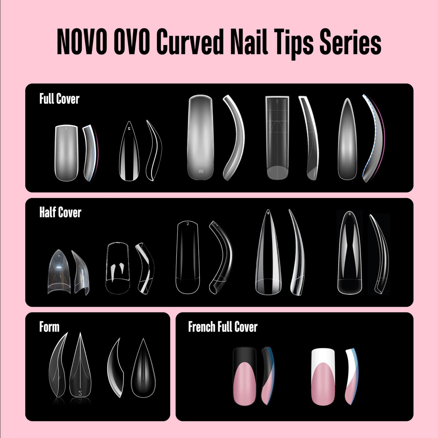 NOVO OVO Half Cover XXL Curved Nail Tips, Square Shallow Paste Soft Gel x Long L XL XXXL Hawk Curve Claw 90s' Y2K Fake Nails Extension kit, Clear Soft French False Nail for Acrylic 12 Sizes 240pc