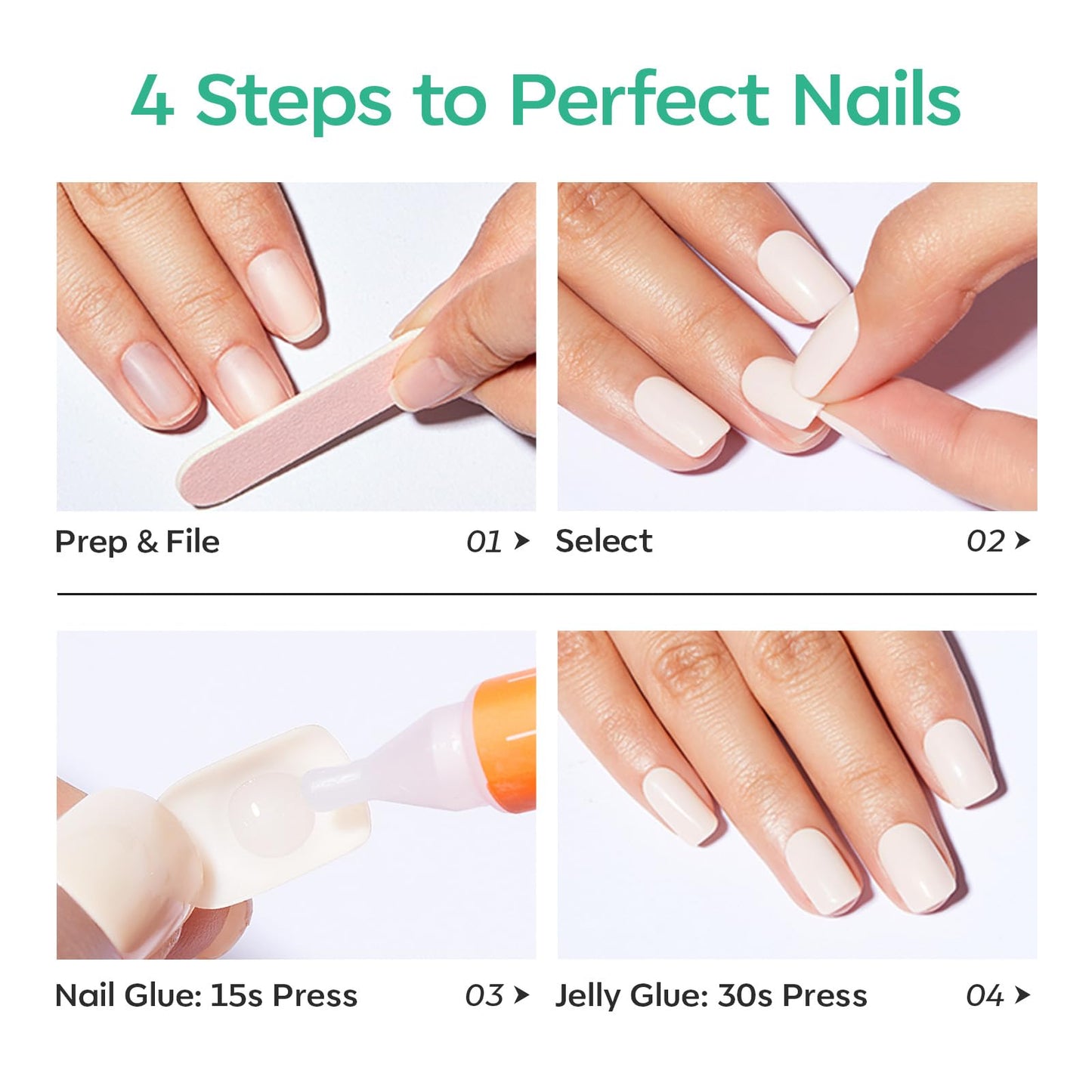 Modelones Extra Short Press on Nails, Vivid Green Squoval Fake Nails, Reusable Nail Kit with Nail Glue Adhesive Tabs Mini Nail File, Nails Press Ons 32Pcs 16 Sizes, Spring Women Girl Gift
