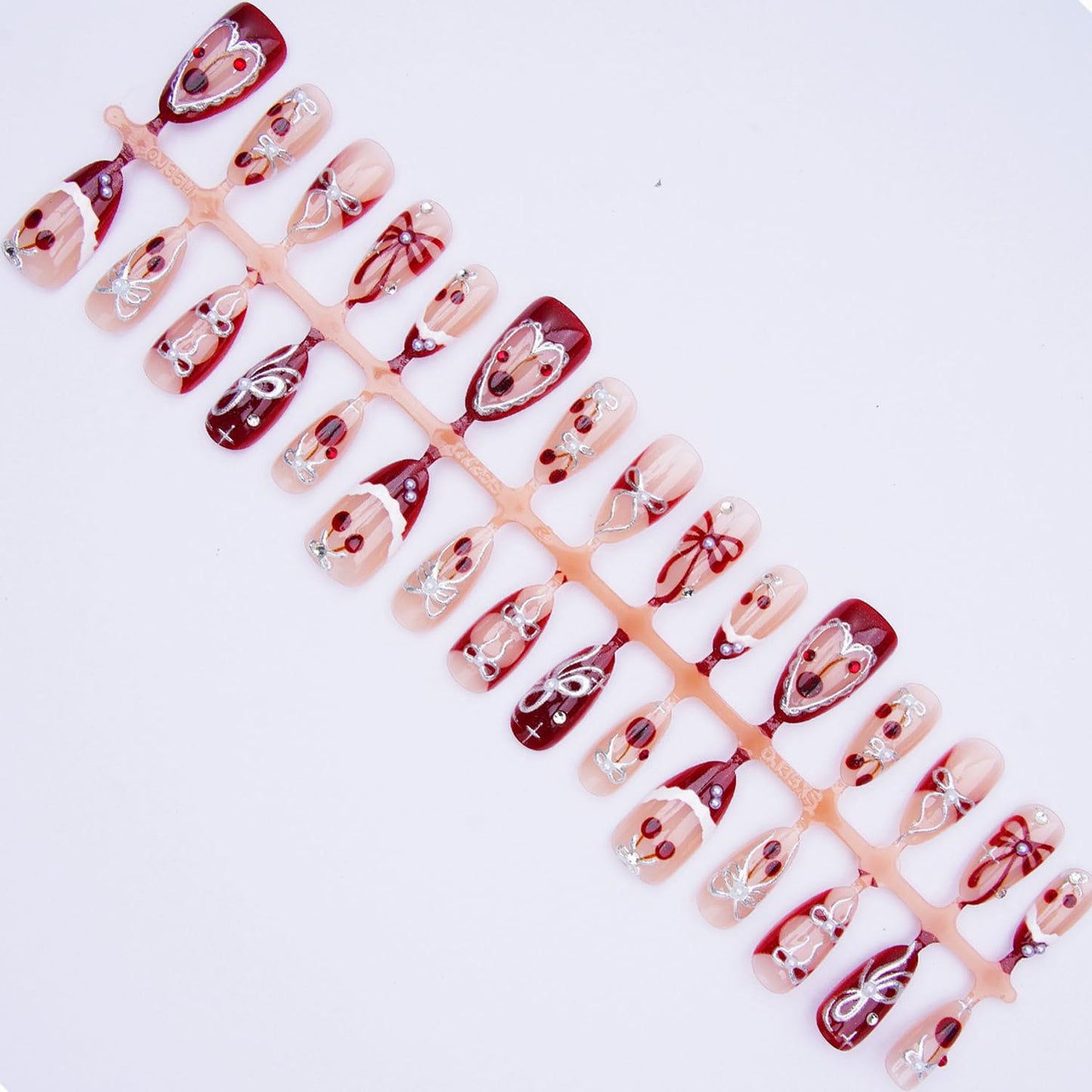 30Pcs French Tip Press on Nails with Charms Medium Almond Fake Nails with Cherry Rhinestone Designs French Nails Press ons Cute Bow Pearl Stick on Nails Almond-Shaped Acrylic Nails for Women