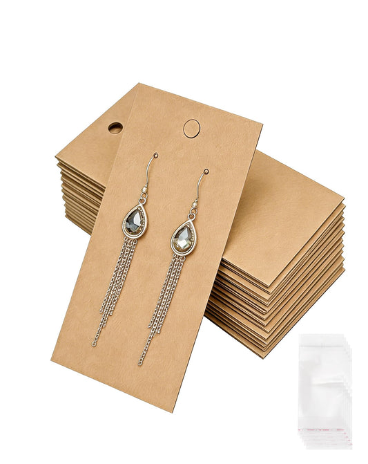 TINGSING 200 PCS Earring Cards with Hang Holes 2 x 3.5 inch Earring Display Card Holder with Packaging Bags Blank Kraft Paper Earring Tags for DIY Ear Studs, Hanging Earring, Selling, Retail, Brown
