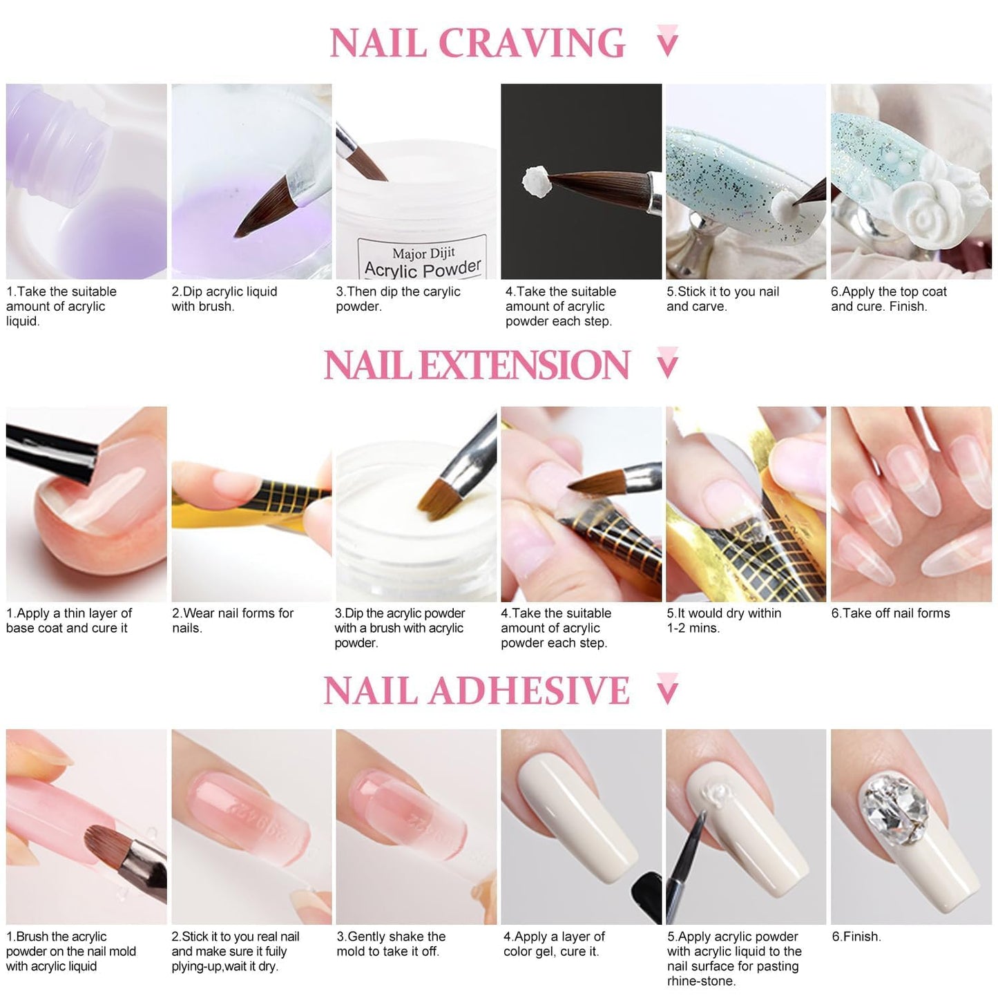 Acrylic Nail Kit with liquid Monomer,6 colors Glitter Acrylic powder UV Lamp for Beginners with Everything Nail Supplies (White)