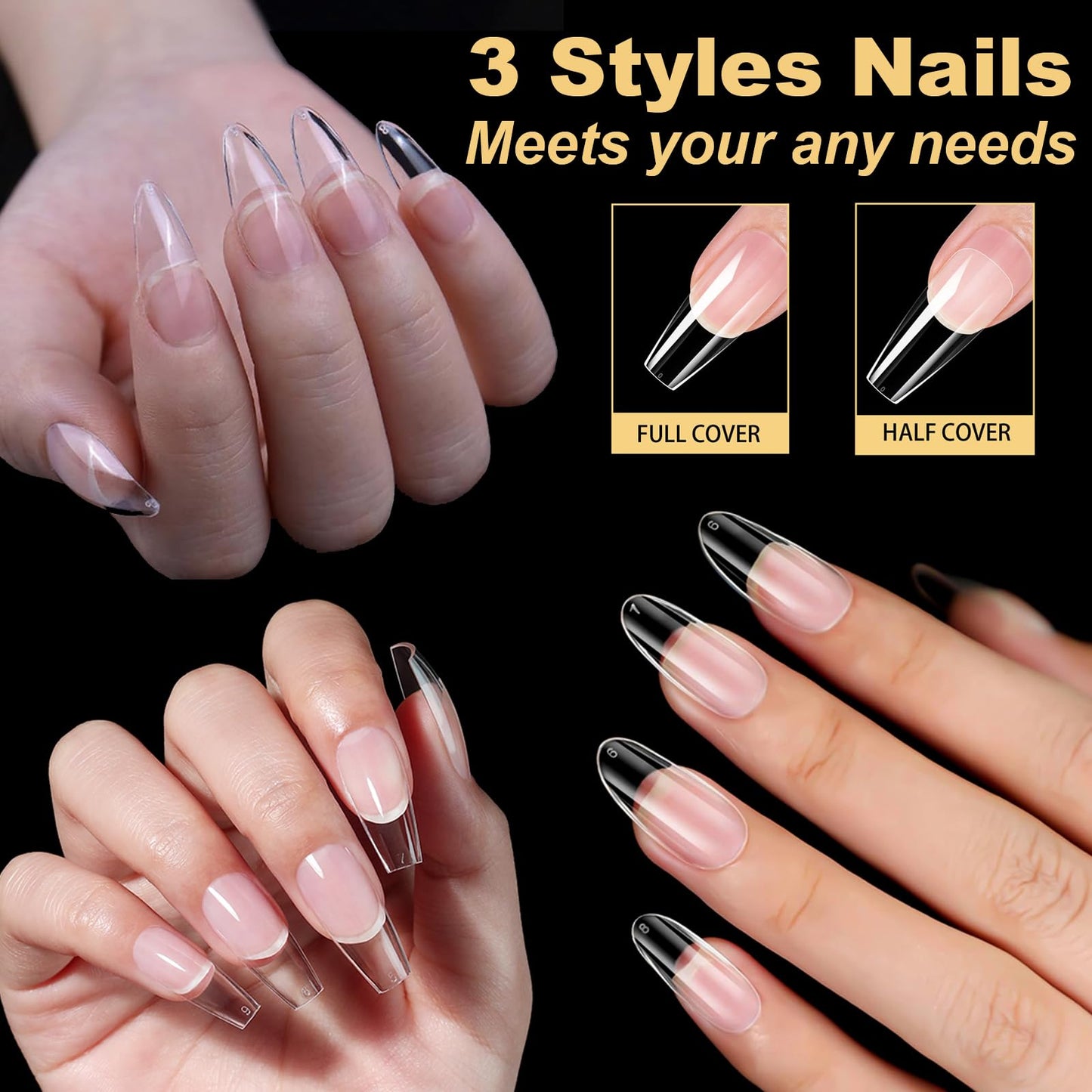 BlueZOO Gel Long Nail Tips Pre-etching Almond Coffin Oval Clear Press On Nails, Salon Quality 3 Styles 360Pcs Half Matte Full Cover Acrylic False Nails Extension DIY Manicure Beginner & Professional