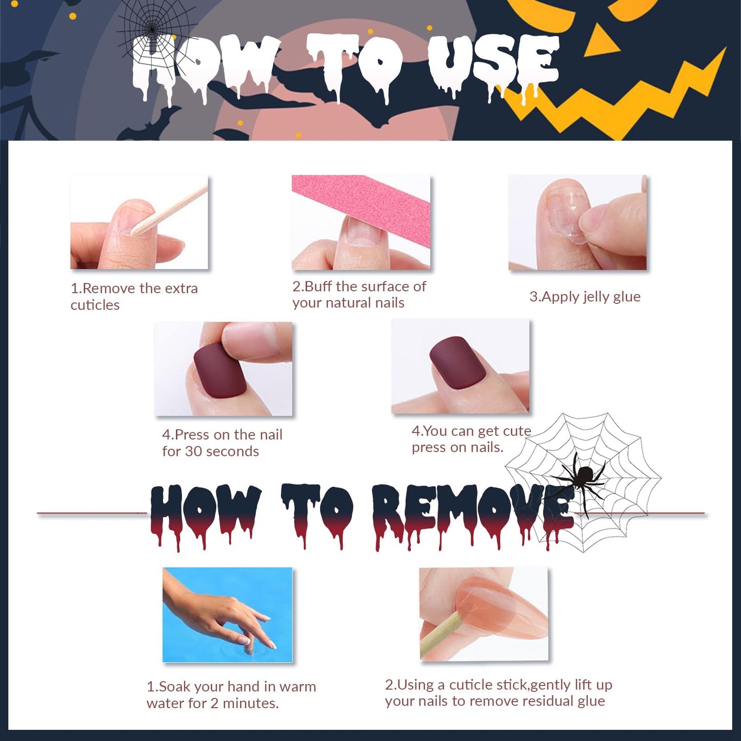 Halloween Press on Nails Long Coffin Fake Nails Cute Ghost False Nails with Designs Spooky Spider Web Glue on Nails Full Cover Nude Acrylic Nail White Black French Tip Nail for Women 24 Pcs
