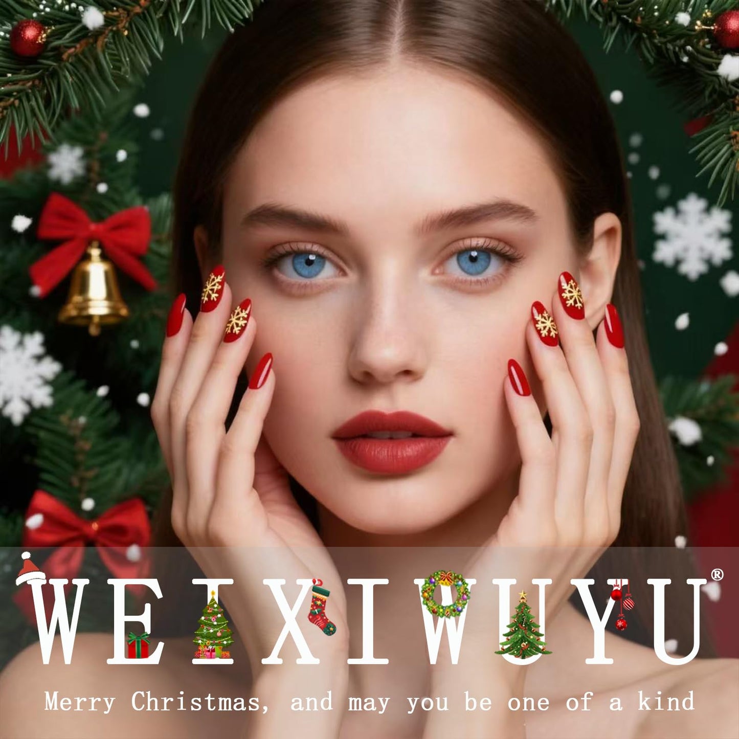 Christmas French Tip Press on Nails Square Medium Snowflake Fake Nails Winter Nude Pink Gradient Glitter False Nail Full Cover Reusable Acrylic Nails Christmas Glue on Manicure for Women 24Pcs