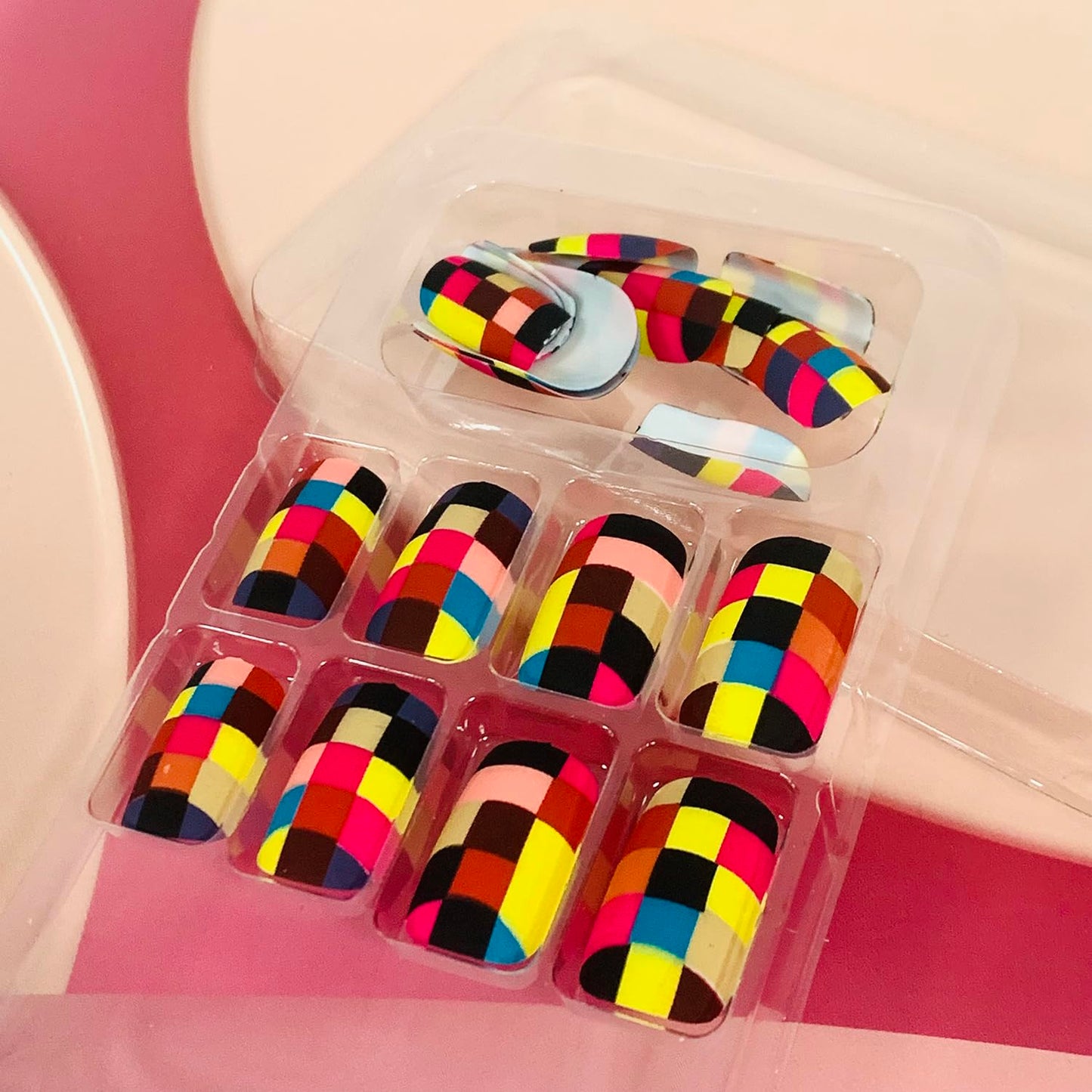 Vezocim Press on Nails Short Square-24Pcs Matte Full Cover Acrylic Square False Nails with Plaids Designs Artificial Extra Short Square Fake Nails with Glue Stick on Fingernails for Women Girls