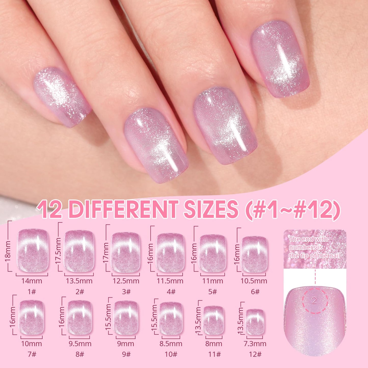 Jofay Fashion Cat Eye Press on Nails - Short, Salon-Like Fake Nails with Glitter Galaxy Chasing Light Cat Eye Designs