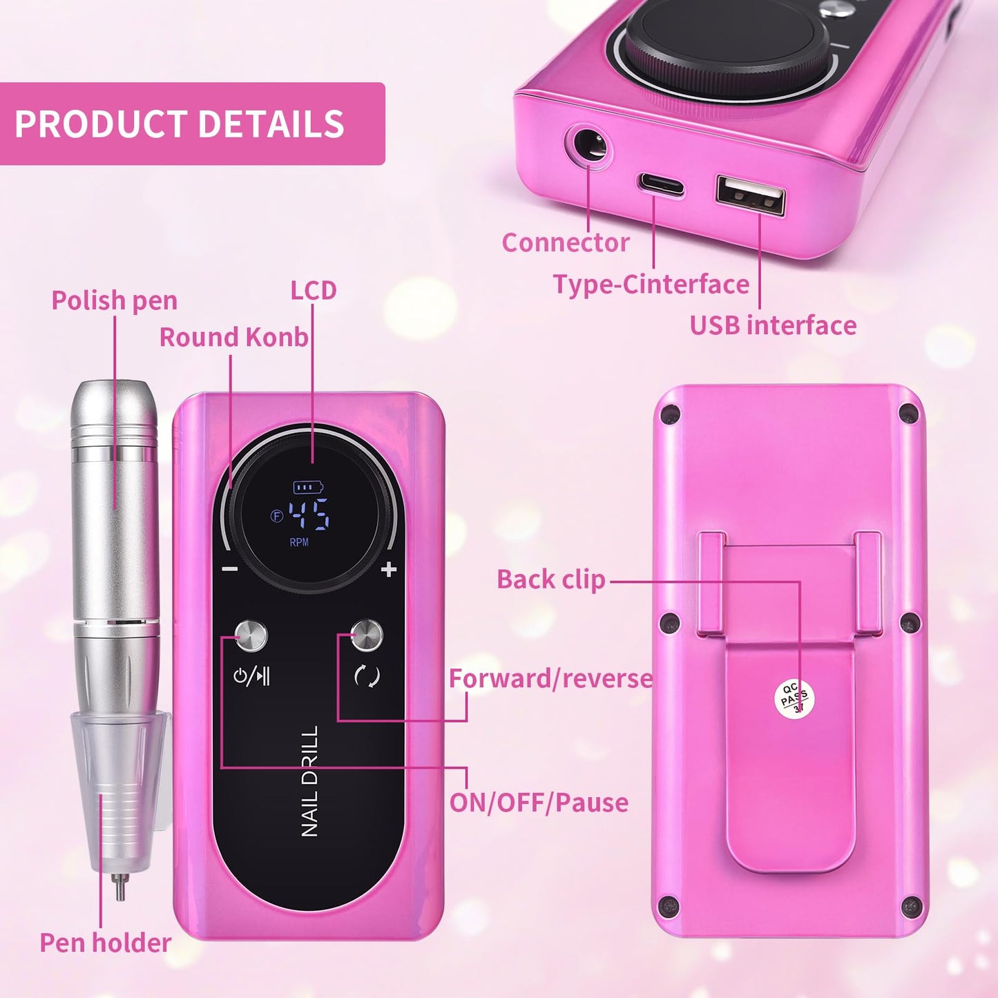 siyuwuro Portable Nail Drill 45000 RPM Professional Cordless Rechargeable Electric Nail File for Removing Polishing Acrylic Gel Nails with 6 Drill Bits & Sanding Bands, Nail Salon Home Use, Purple