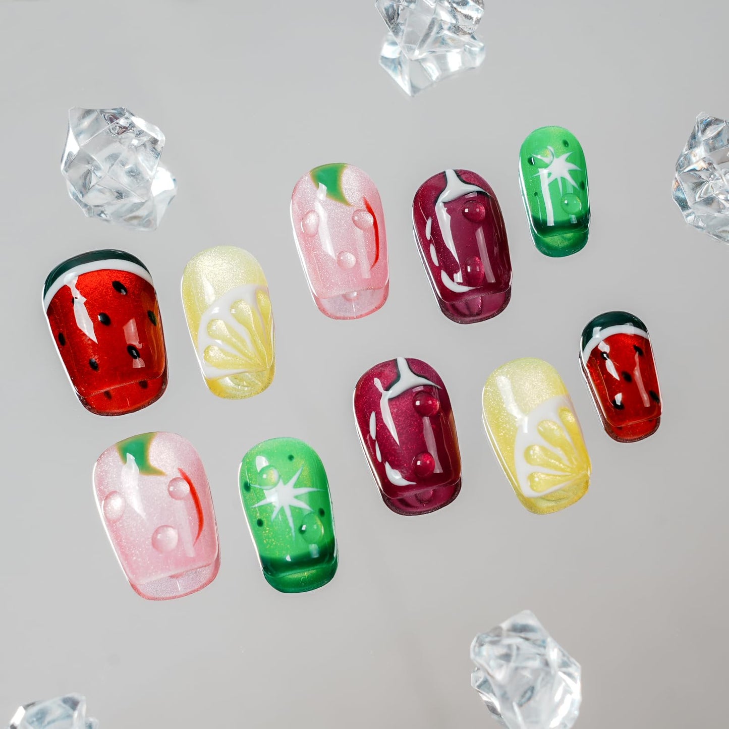 Tesytto Glitter Press on Nails Short Coffin Summer Fruit Nails Cateyes with 3D Water Drop, Hand-painted Watermelon & Lemon Art, Reusable Acrylic Full Cover Fake Nails, 10pcs (Fruit Party,L)