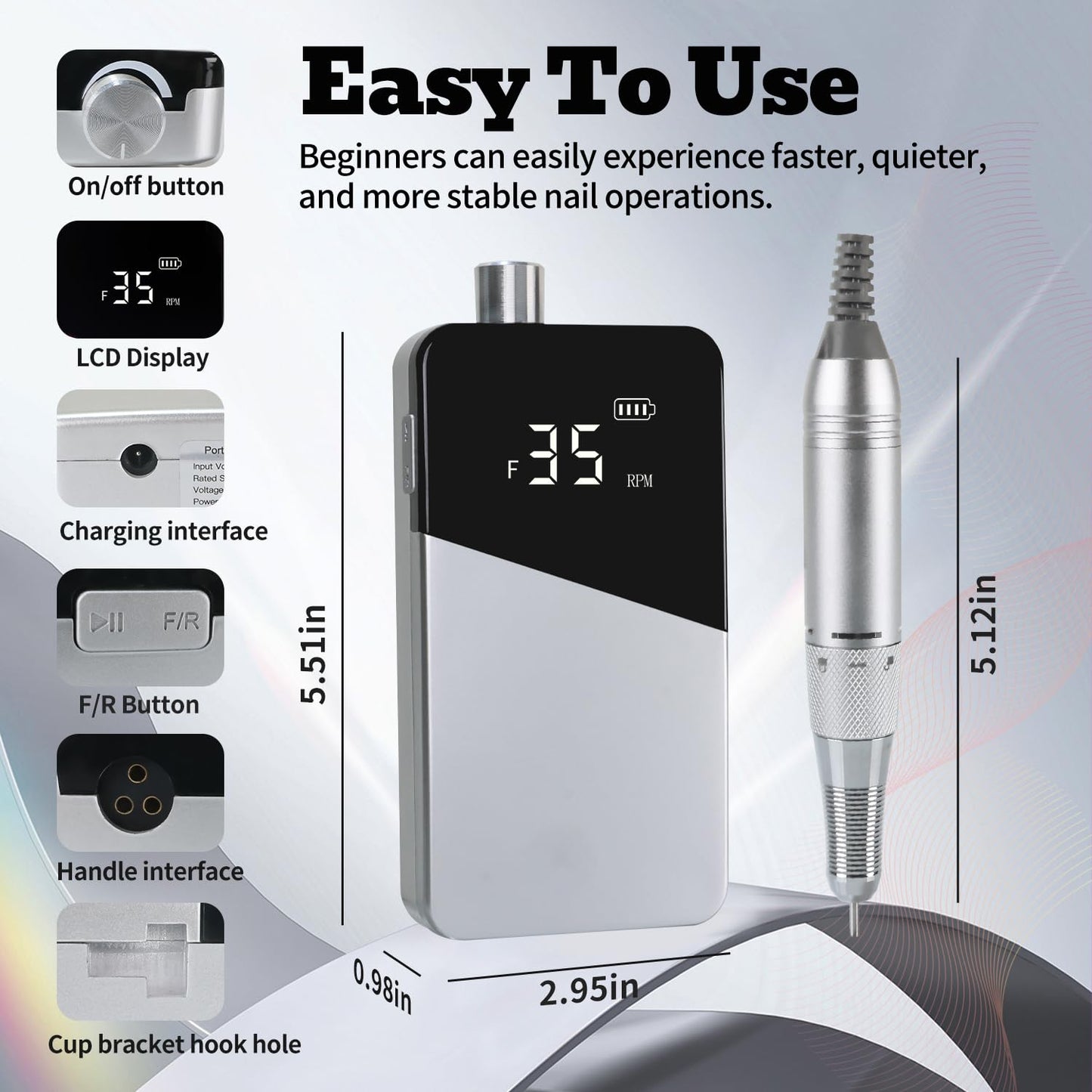 Electric Nail Drill Machine 35000RPM Professional Portable Nail File Cordless Rechargeable Nail Efile for Acrylic Gel Nails Manicure Pedicure Polishing Shape Tools for Salon (Silver)