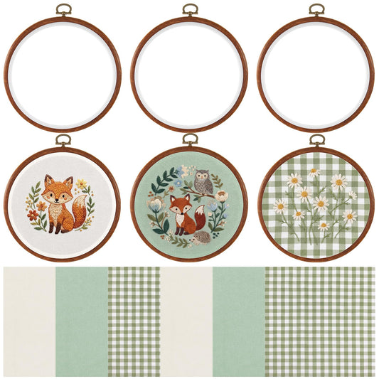 Tudomro 6 Sets 6.7 Inch Embroidery Hoop Frame and 11.8 Inch Pre-Cut Cloth Fabric Squares Kit Imitation Wood Cross Stitch Hoop for Beginner, DIY, Art Craft Sewing, Wall Hanging Decor(Sage Green)