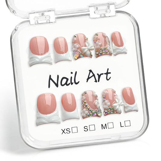 Luxury Press on Nails Short Duck Handmade 3D Bow Fake Nails White French Tip False Nails with Rhinestone Designs Flower Handmade Stick on Nail Thick Acrylic Nail for Women (M)