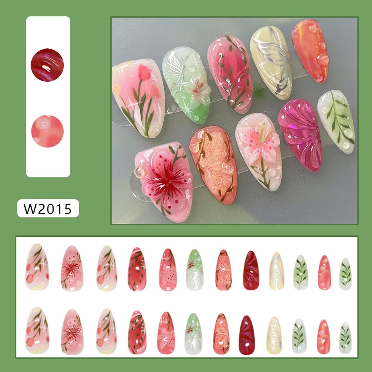 24Pcs Spring Colorful Flower Press on Nails Medium Almond Fake Nails Floral Butterfly Glossy Design Pink Full Cover Stick on Nails Flowers Nail Art Acrylic False Nails Set for Women DIY Manicure
