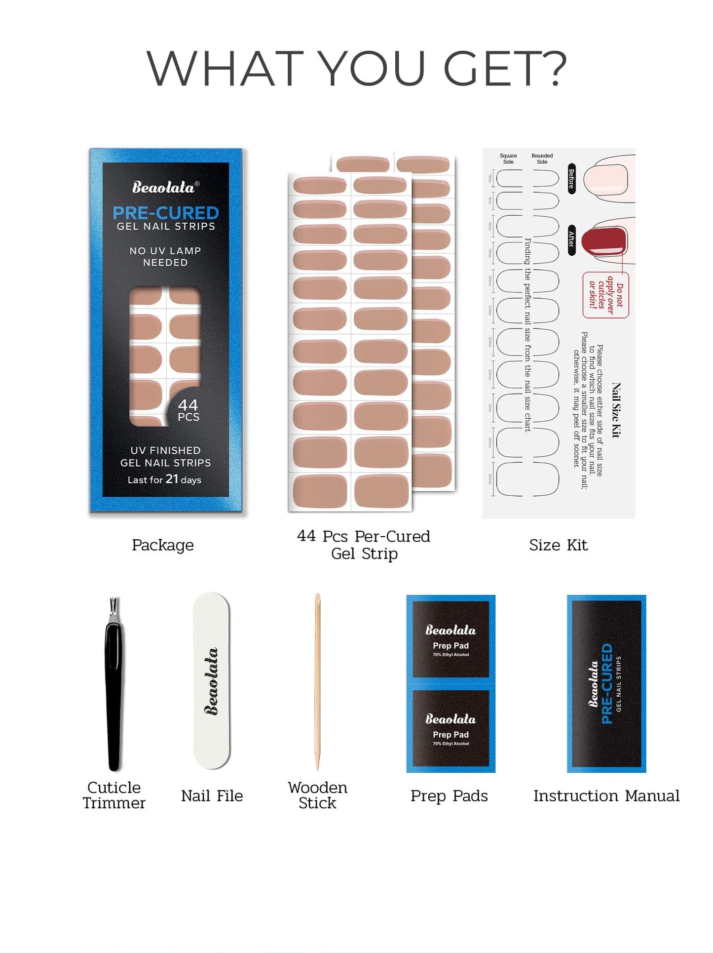 Beaolata Real Gel Nail Strips (No UV Light Needed) - 44Pcs Salon Quality Nail Stickers - Long Lasting Polish Wraps for Women, Easy Apply & Remove (Minimal Nude)