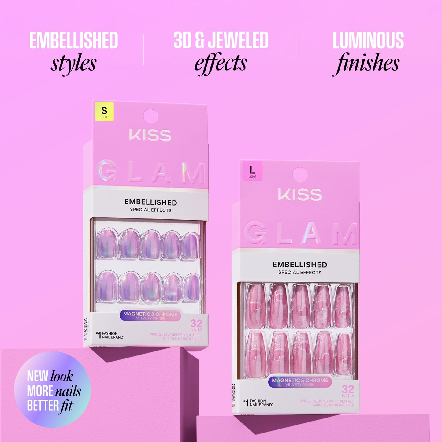 Kiss Glam, Press On Nails, Nail glue included, 'Simple Joys', Purple, Short Size, Round Shape, Includes 32 Nails, 2g Glue, 1 Manicure Stick, 1 Mini File