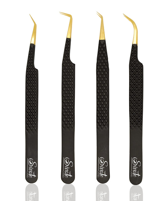 SIVOTE Fiber Tip Lash Tweezers for Eyelash Extensions with Diamond Grip, Black, Set of 4 - Precise Tips Japanese Steel for Classic, Volume & Mega Volume Lashes, Anti-Rust - Ideal for Lash Artists