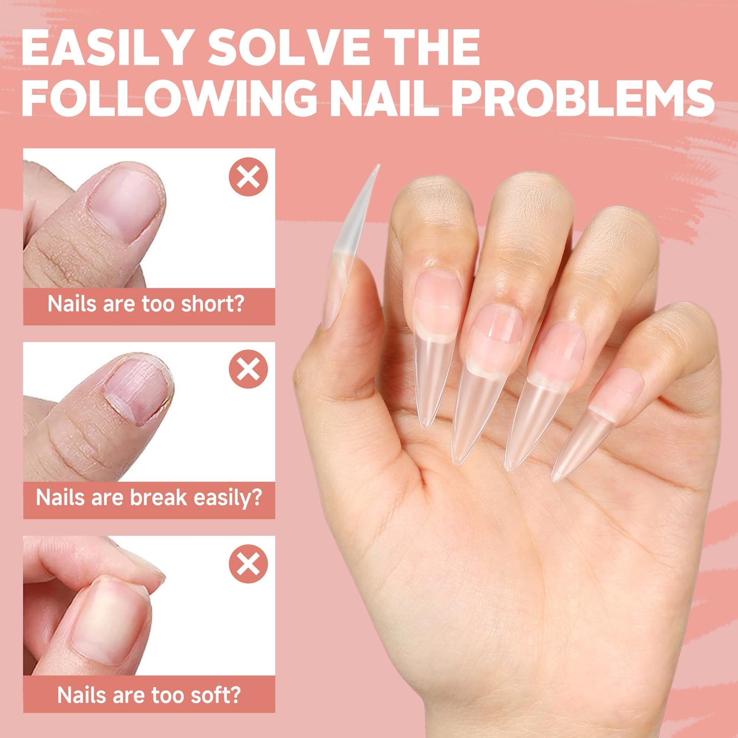 UNA GELLA Clear Stiletto Nails Tips Half Cover Stiletto Gel Nail Tips 216pcs Almond Shape False Acrylic Nail Tips for Faster Gel Nail Extension DIY Art Salon Press On Nails 12 Sizes