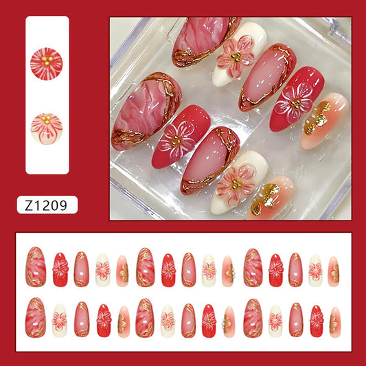 24Pcs Pink Press on Nails Medium Almond Fake Nails 3D Gold Flower Pearl Glitter Design Full Cover Tip Stick on Nails Peach Blossoms Glue on Nails Spring Summer False Nails for Acrylic Manicure