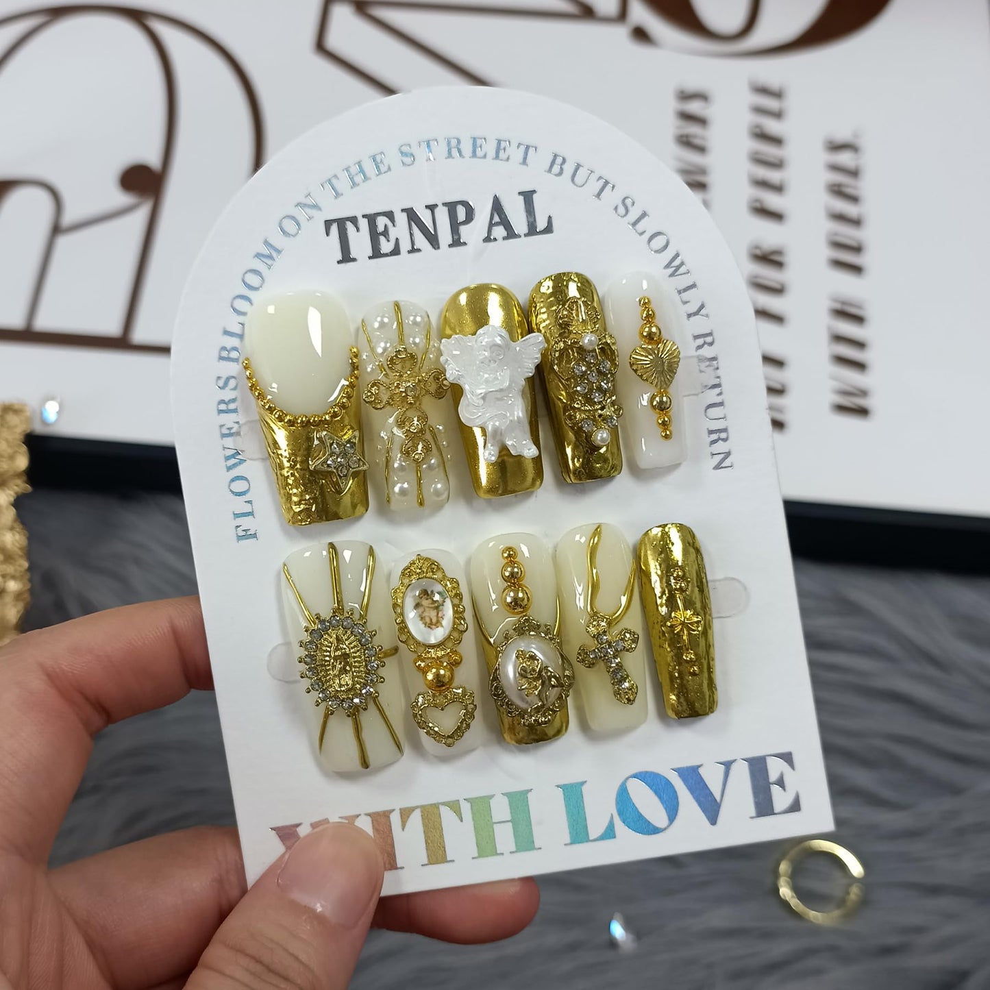 TENPAL Baroque Press on Nails Long Coffin 3D Embossed Pearl Cross Charm Luxury False Nails for Women Gold Glam Royal Cathedral Style Glue on Nails for Parties Holiday Events(L)