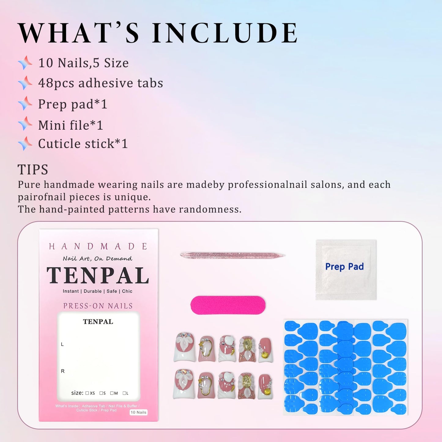 TENPAL Duckbill Press on Nails - White Blushing French Ombre Fake Nails with 3D Floral & Shell Design For Women Girls | Salon Quality Handmade Elegant Classic Style False Nails with Tools(L)