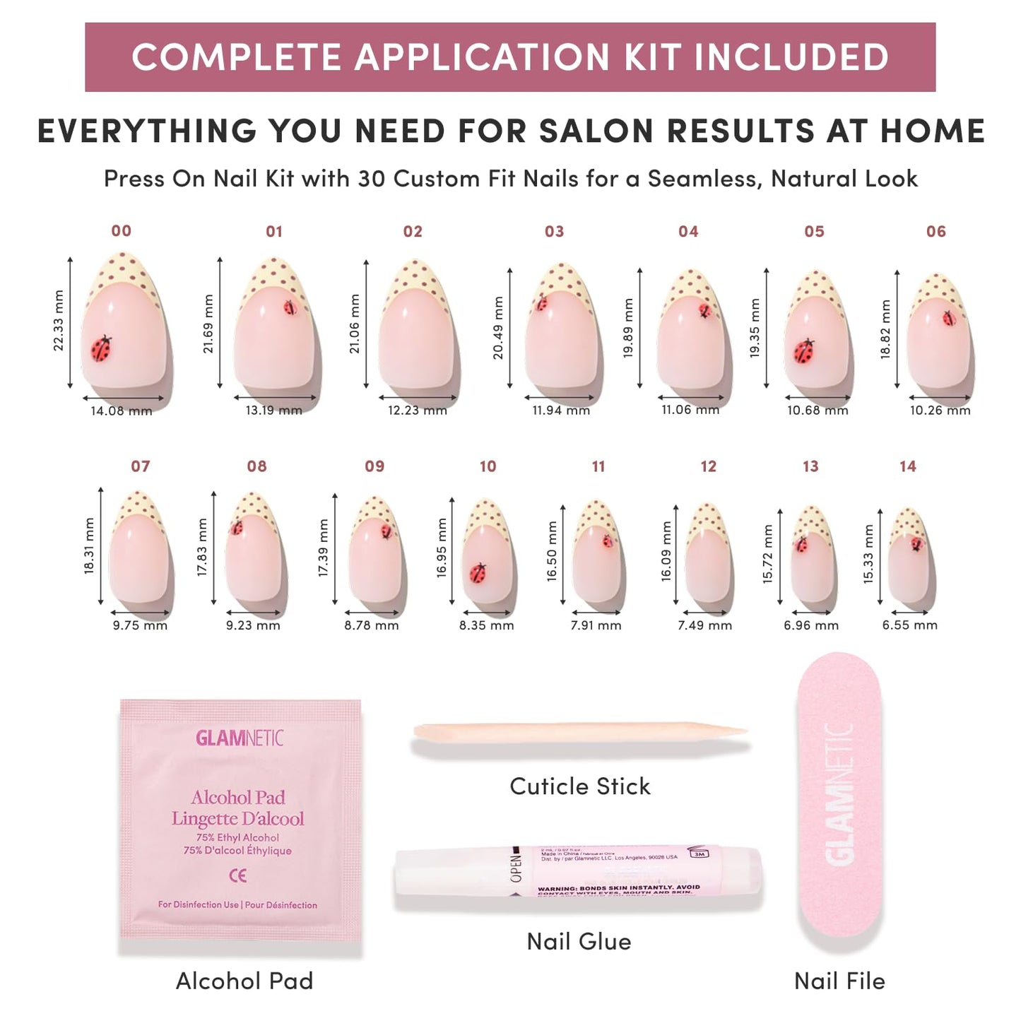 Glamnetic Press On Nails - Short Almond Fake Nails with Polka Dot French Tips & Ladybugs | Salon Quality Summer Nails | Lady Luck | 15 Sizes - 30 Nail Kit with Glue