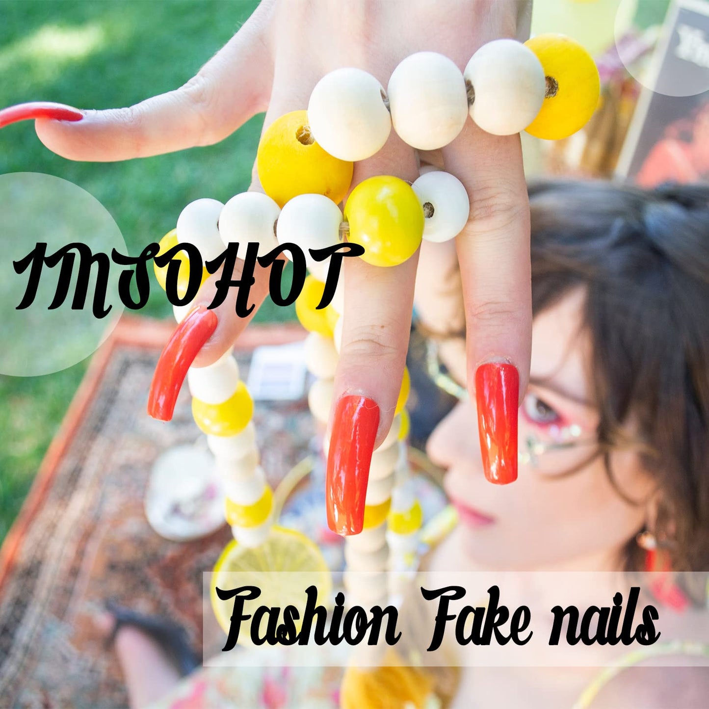 IMSOHOT Summer Press on Nails Short Square Fake Nails Yellow French Tips Acrylic False Nails Full Cover Cute Bee Summer Squoval Nail Supplies Stick on Nails for Women