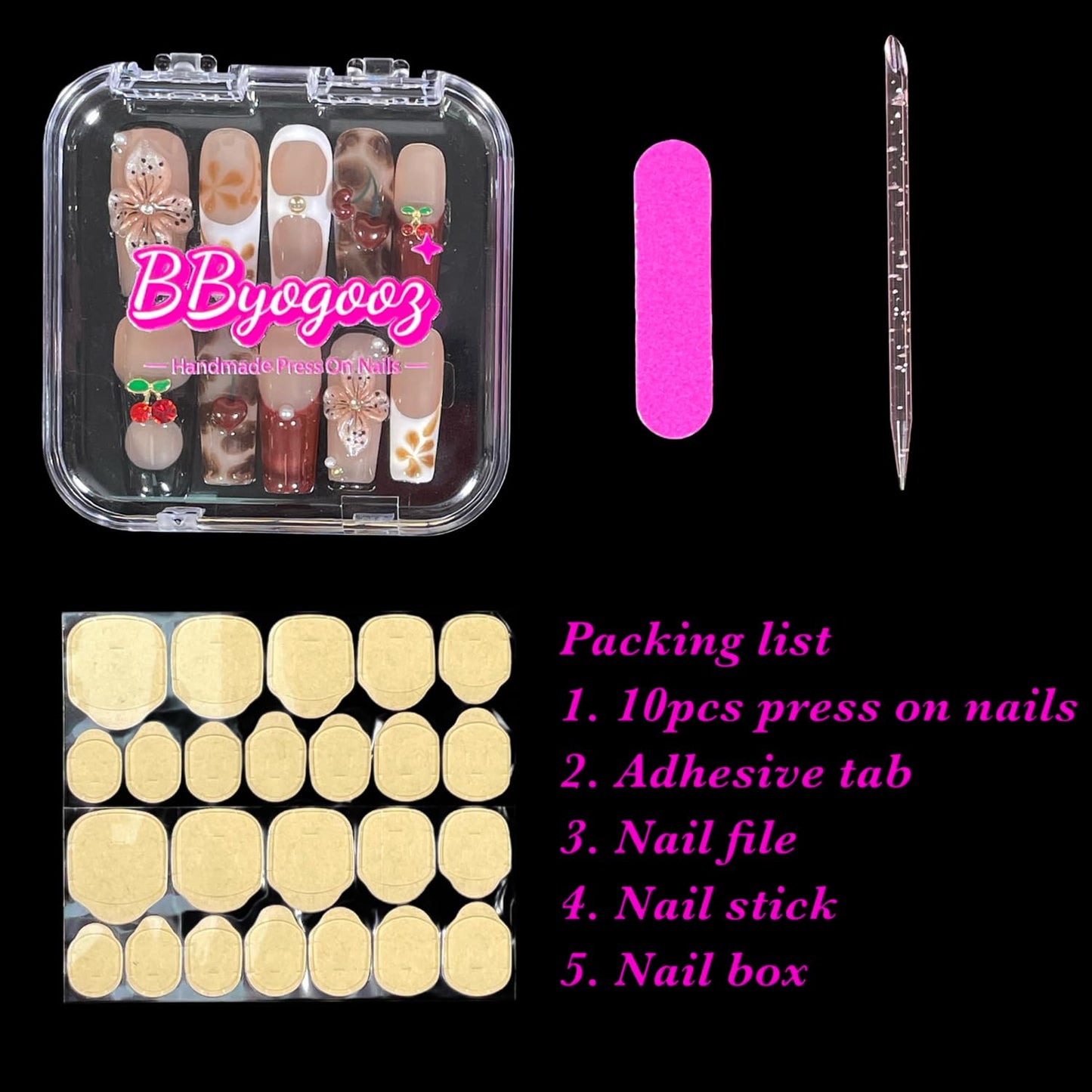 Handmade Press On Nails Square 3D Floral Cherry Blossom Leopard French Fake Nails wtih Design, Reusable Acrylic False Nails Gift Set (Cherry, S)